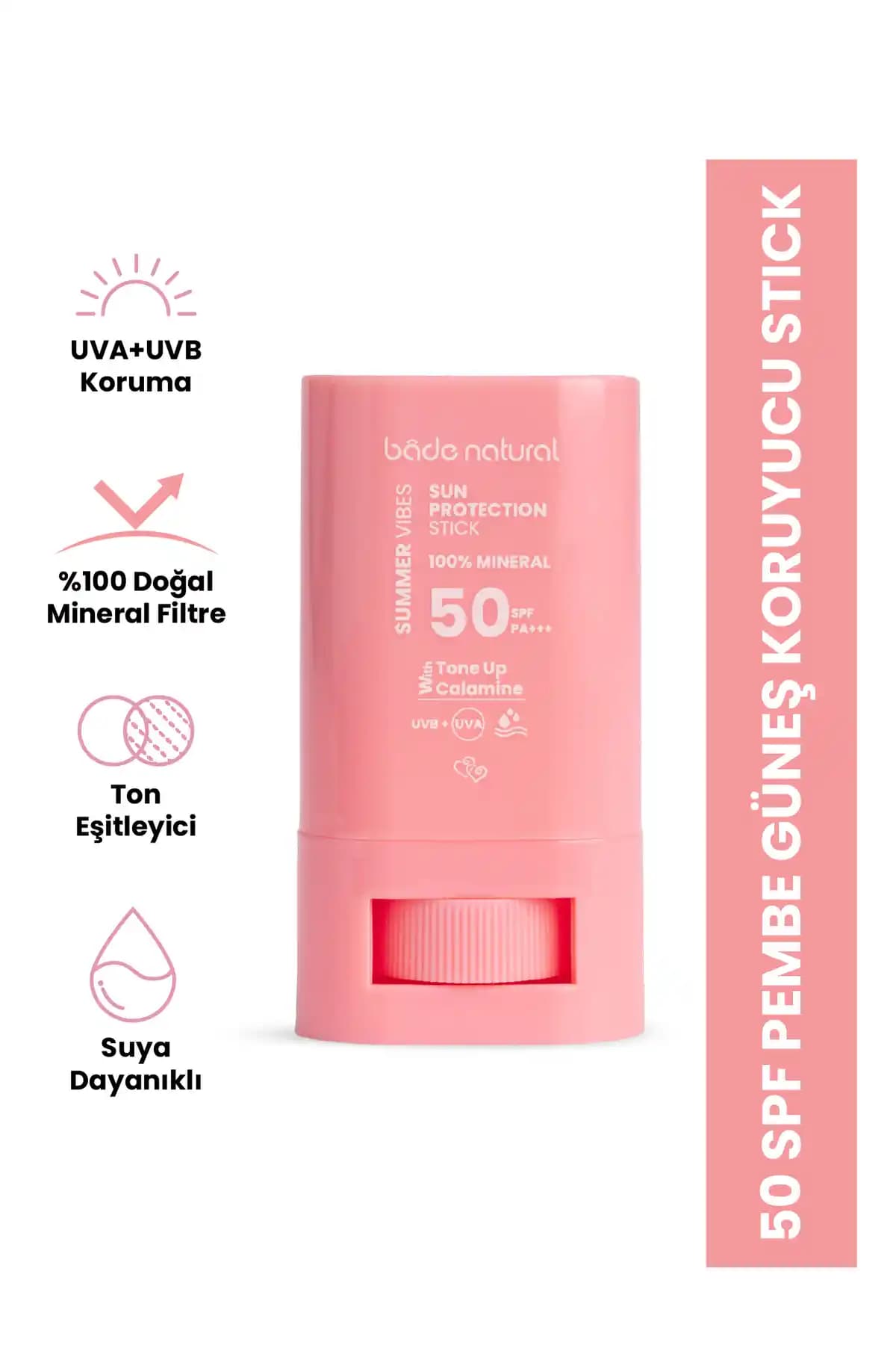 Bade Natural 50 SPF Ton Eşitleyici ve Aydınlatıcı Pembe Güneş Koruyucu Stick