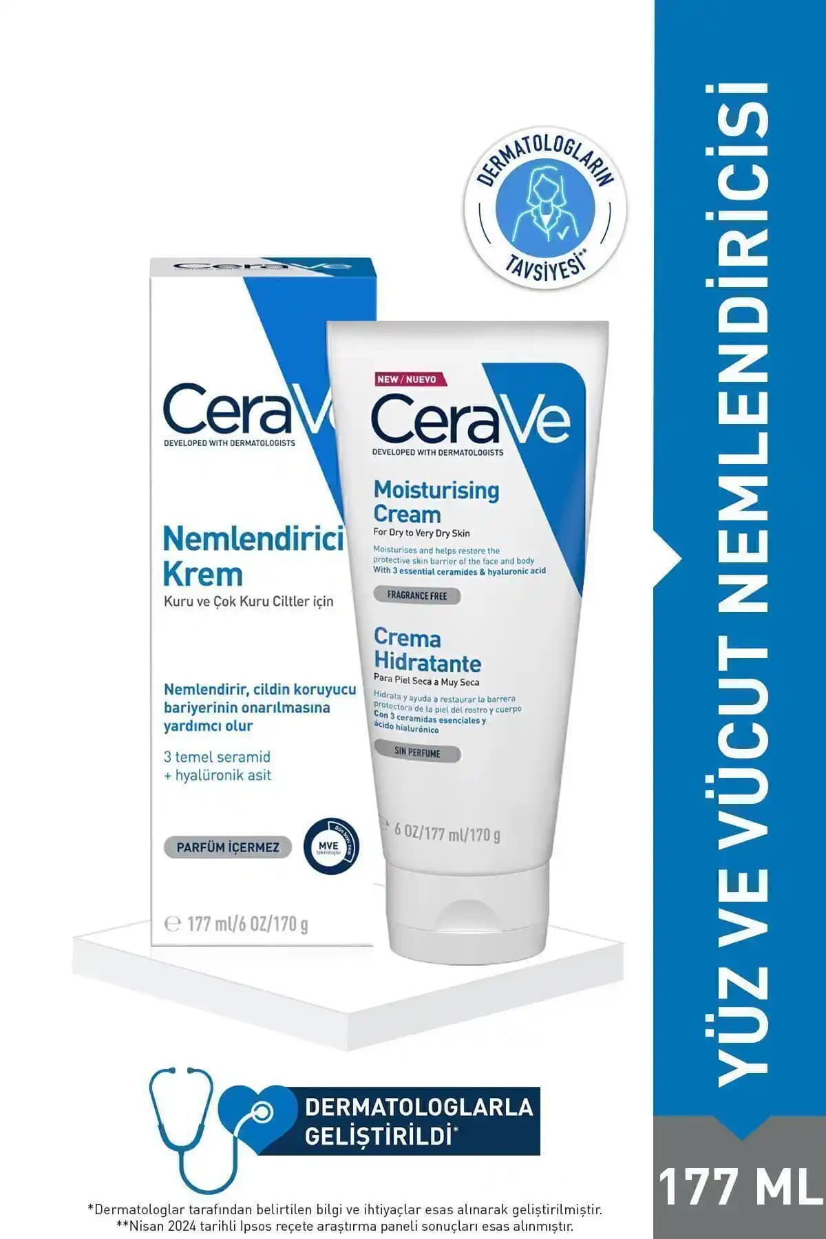 CeraVe Nemlendirici Yüz ve Vücut Kremi Kuru ve Hassas Ciltler İçin Etkili Nem Sağlar