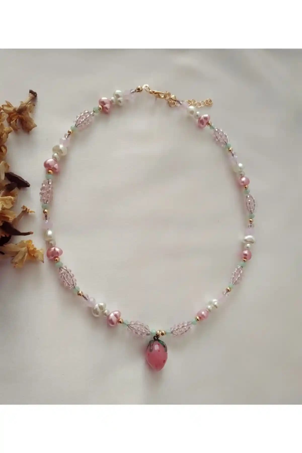 Fata Morgana Pembe Murano Çilek Uçlu Barok İncili Kolye Şık ve Modern Tasarım