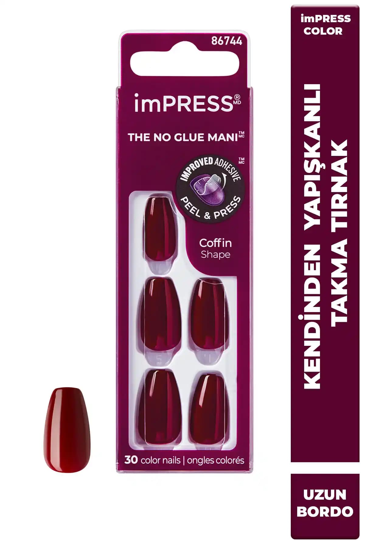 Impress Color Kendinden Yapışkanlı Uzun Bordo Takma Tırnak Pratik ve Şık Çözüm