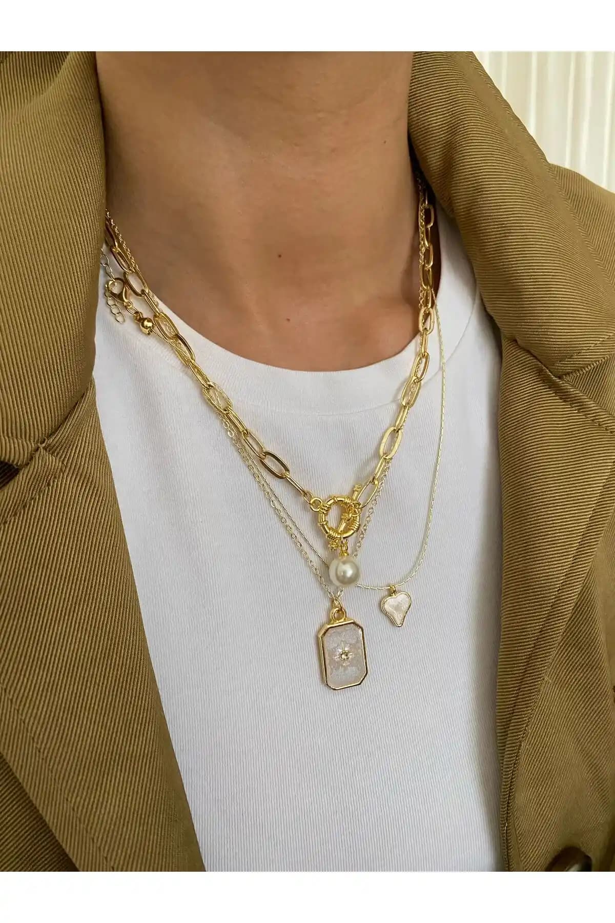 MagicStone Top İnci Detaylı Üçlü Kombin Kolye Şık ve Dayanıklı Tasarım