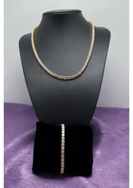 Ressia Kadın Altın Rengi Su Yolu Zirkon Kolye ve Bileklik Seti Şık ve Zarif Tasarım