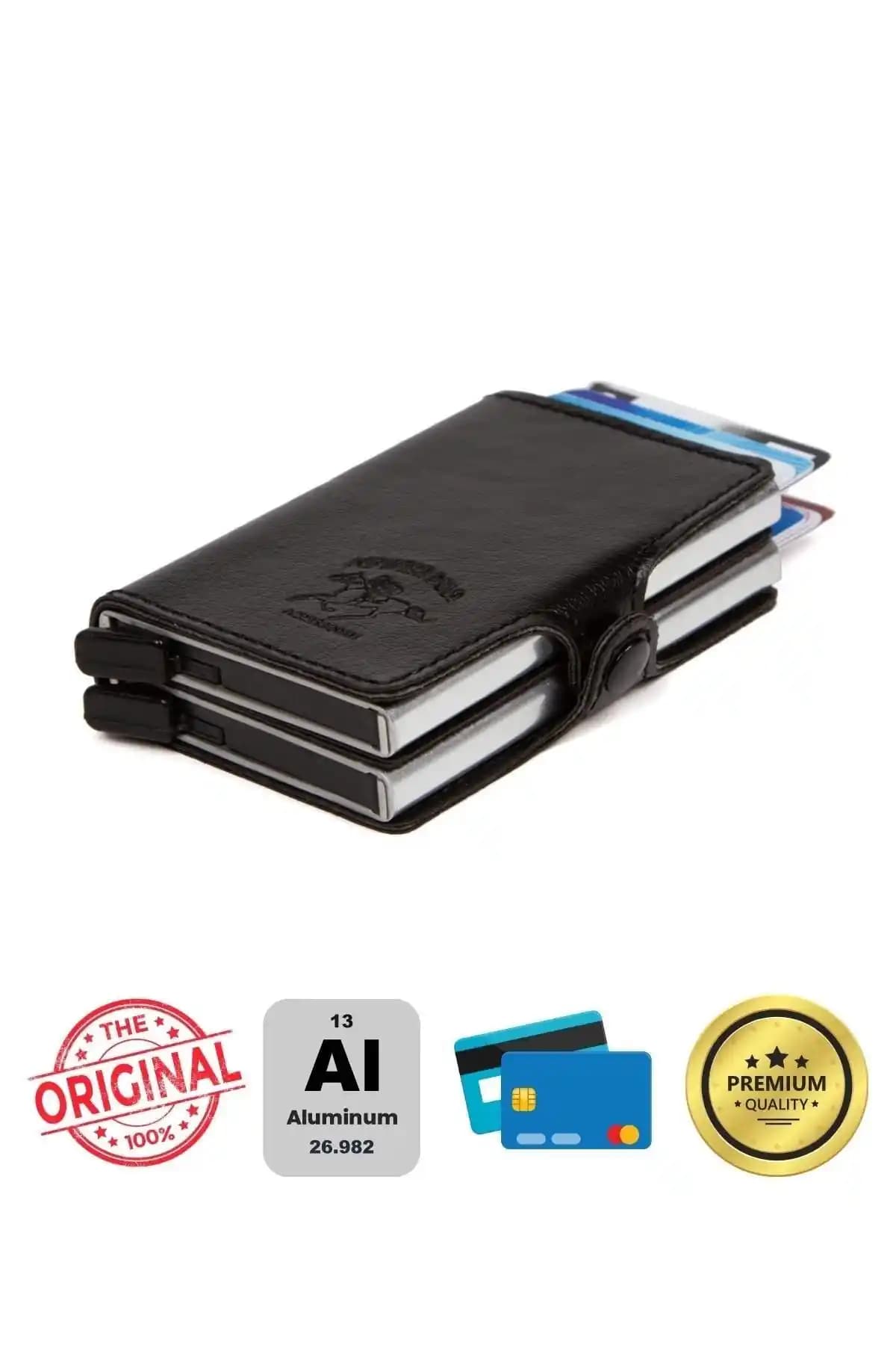 Adelina Siyah Deri Unisex Kartlık Çift Mekanizmalı RFID Koruma Özelliği ile Güvenli ve Şık Tasarım