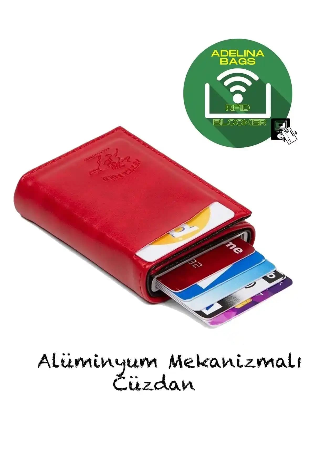 Adelina Unisex Kırmızı Vegan Deri RFID Koruma Özellikli Modern Cüzdan
