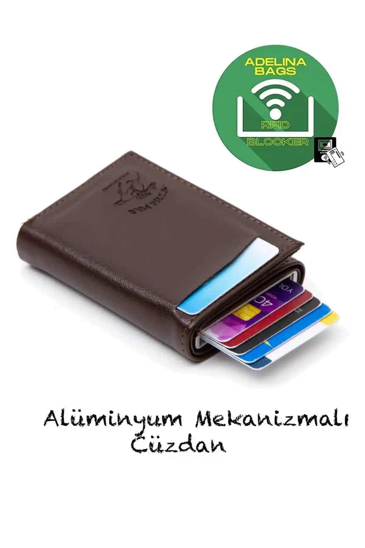 Adelina Unisex Koyu Kahve Deri Mekanizmalı Otomatik Kartlık Cüzdan İşlevsel ve Şık Tasarım