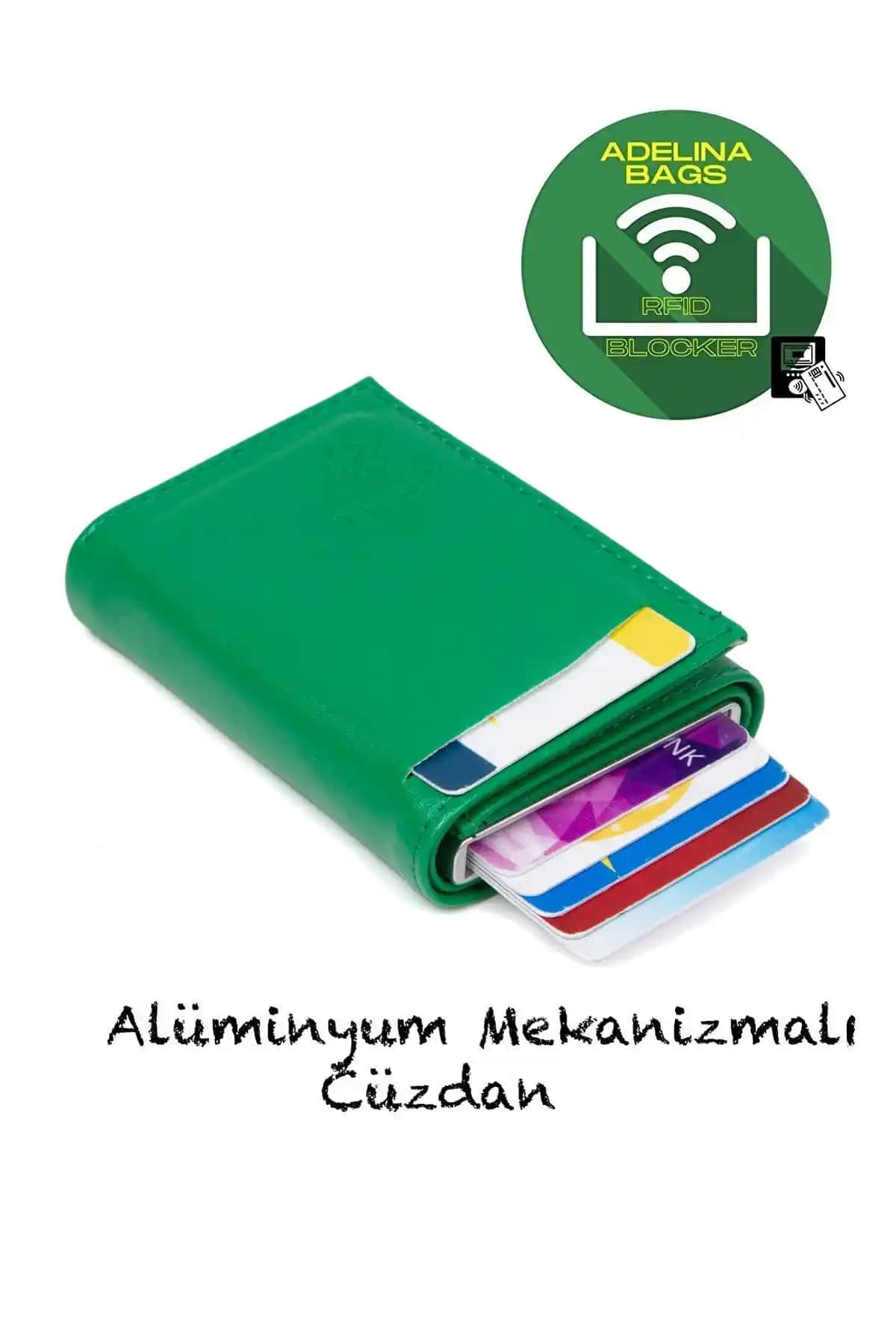 Adelina Yeşil Nova Deri Mekanizmalı Kartlık - Şık ve Fonksiyonel Günlük Cüzdan