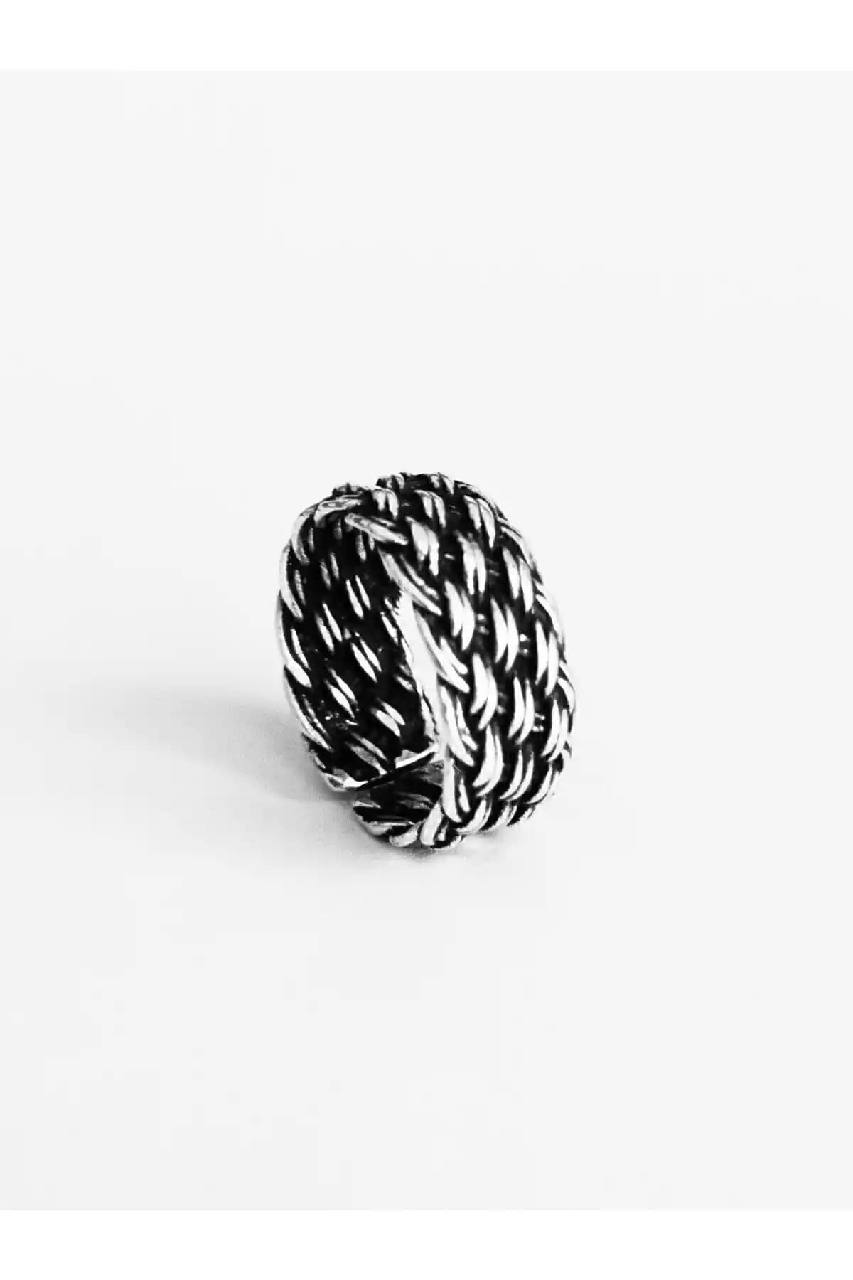 Antique Dolunay Gümüş El Yapımı Hasır Örgü Ayarlanabilir Yüzük - Zarif ve Otantik Tasarım