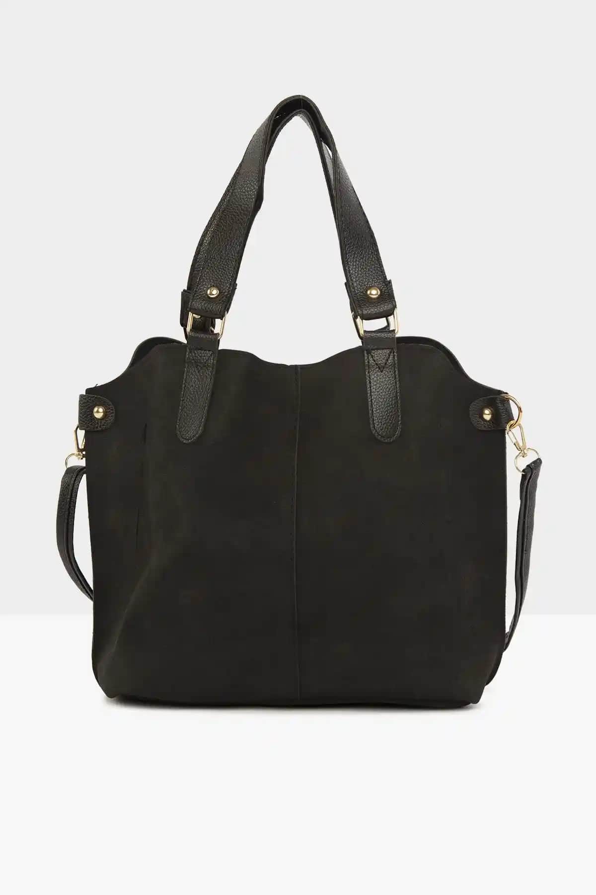 Bagmori Siyah Kadın Üç Bölmeli Nubuk Çanta Günlük ve Şık Kullanım İçin Uygun