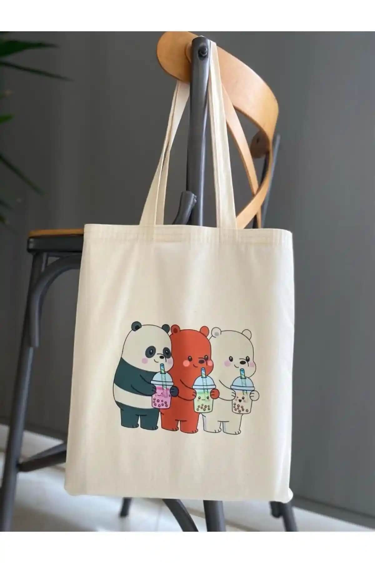 Bej Renkli Desenli Kafadar Ayıcıklar Baskılı Organik Pamuklu Bez Çanta 35x40 cm