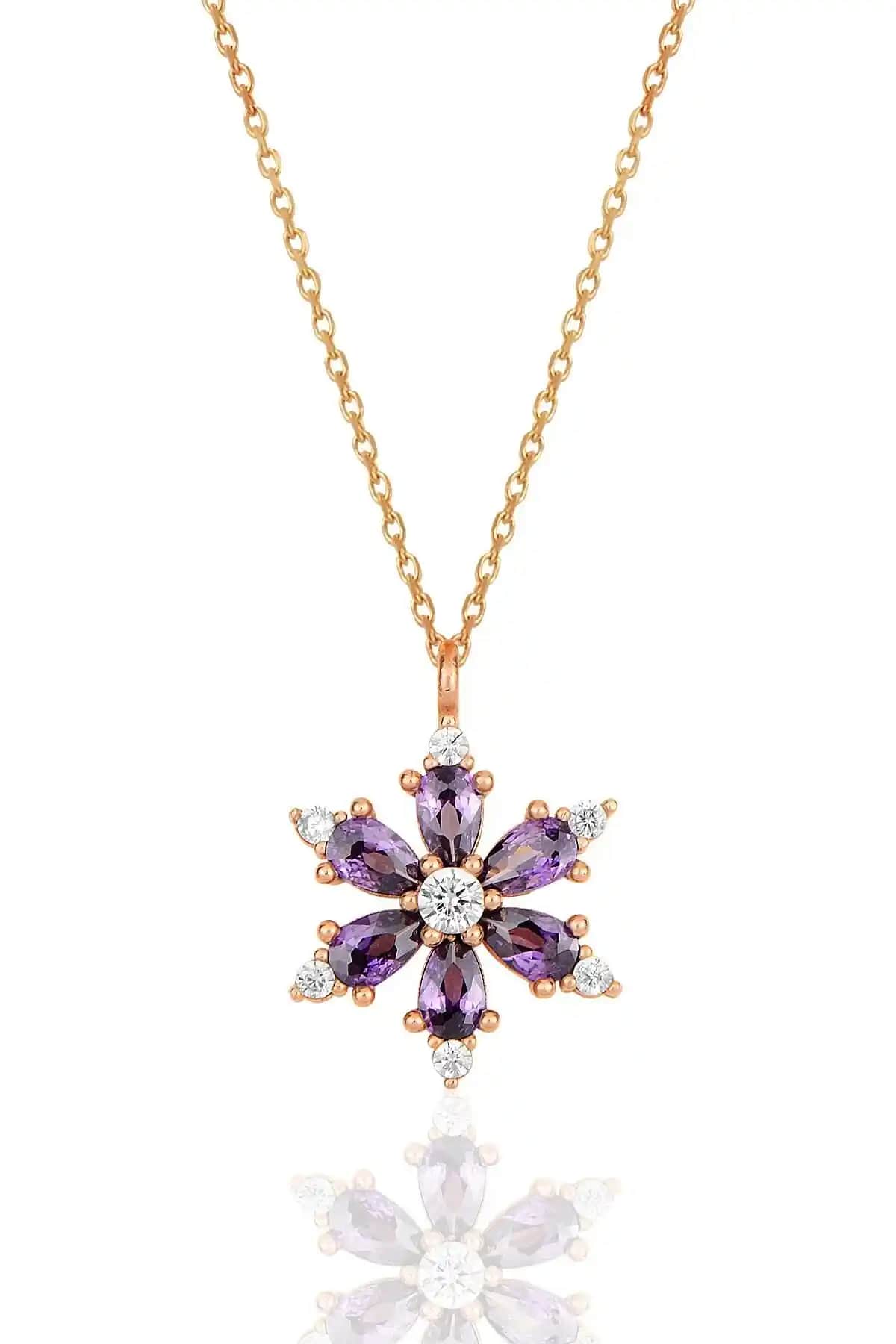 Bilsen Store 925 Ayar Gümüş Rose Kaplama Ametist Damla Taşlı Lotus Çiçeği Kolye