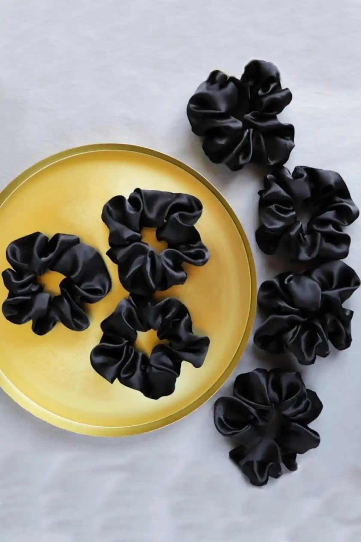 C&E Design Kadın Siyah Saten 6'lı Saç Lastik Toka Seti Günlük ve Özel Kullanım İçin