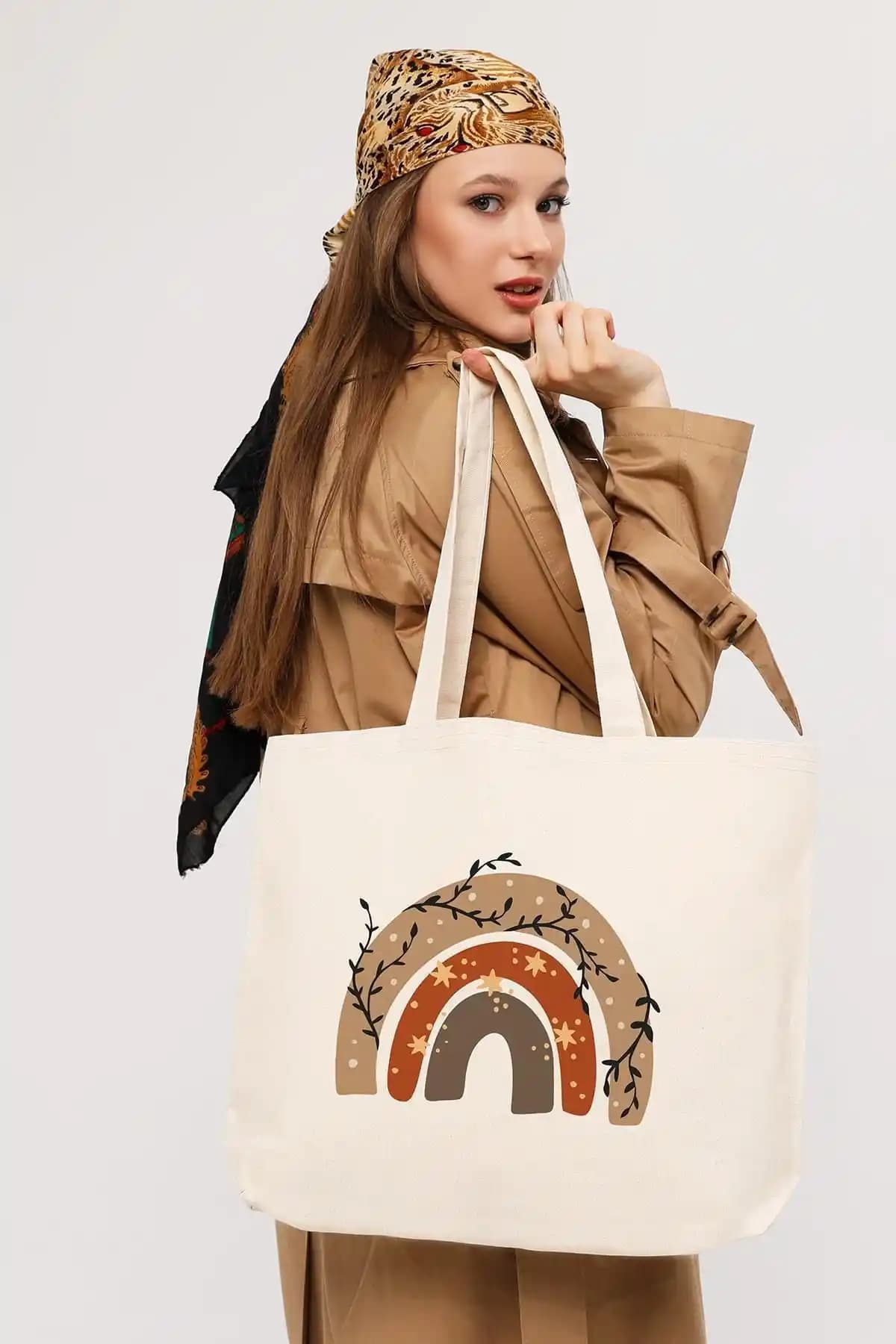 Çınar Bez Çanta Kanvas Yatay Yıldızlı Gökkuşağı Baskılı Geniş Kullanım İçin Tasarlandı
