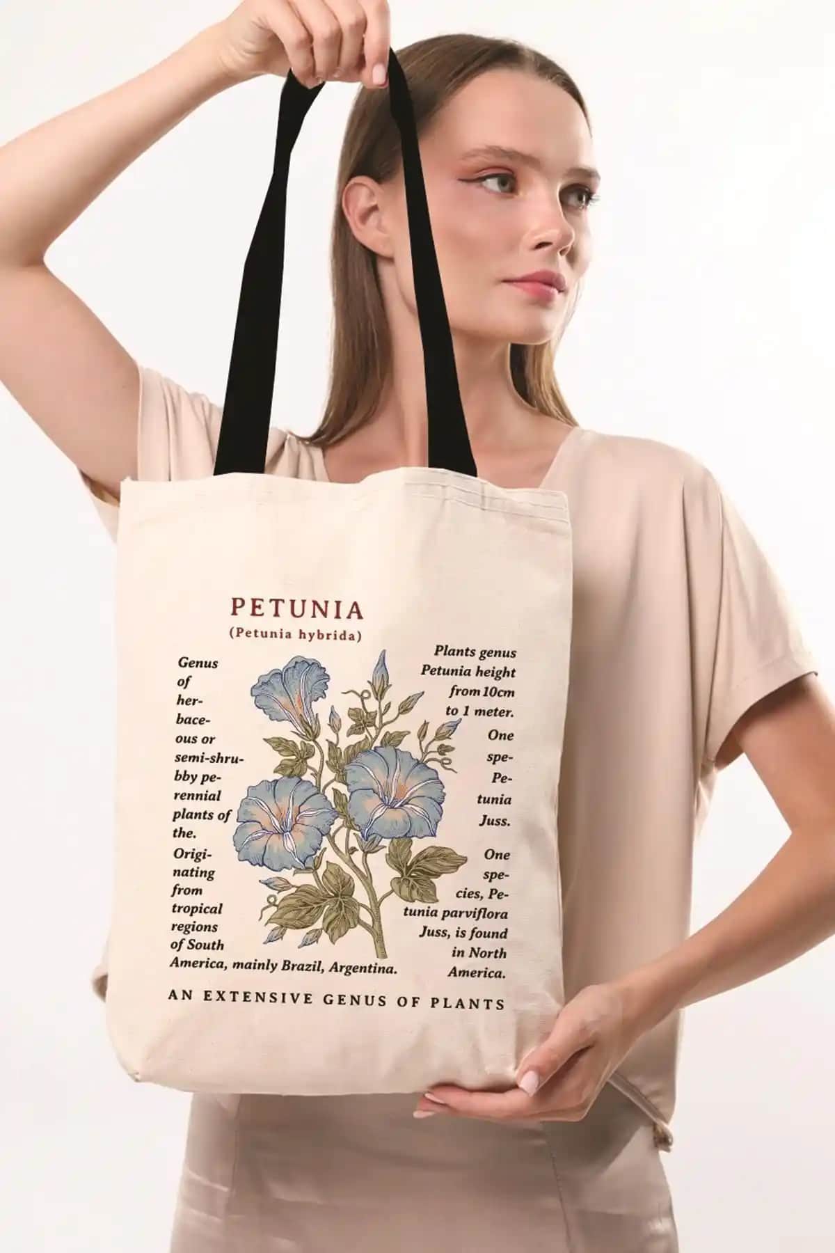 Çınar Bez Çanta Siyah Kulplu Krem Kanvas Petunia Baskılı Günlük Kullanım İçin