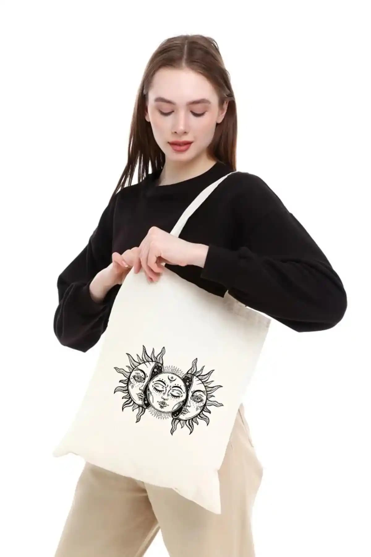 Çınar Bez Çanta Vintage Güneş ve Ay Baskılı Doğa Dostu Ham Bez Çanta Özellikleri