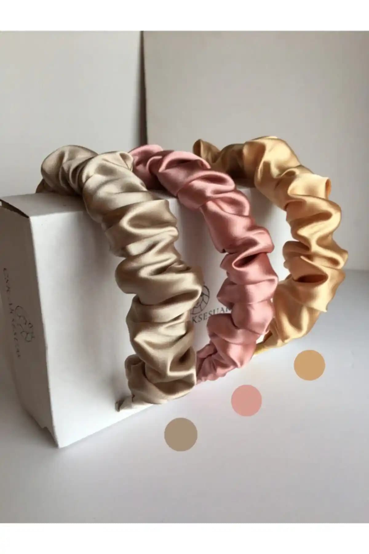 CSR AKSESUAR 3'lü Saten Büzgülü Taç Seti Kadın ve Kız Çocukları İçin Şık ve Rahat Aksesuar