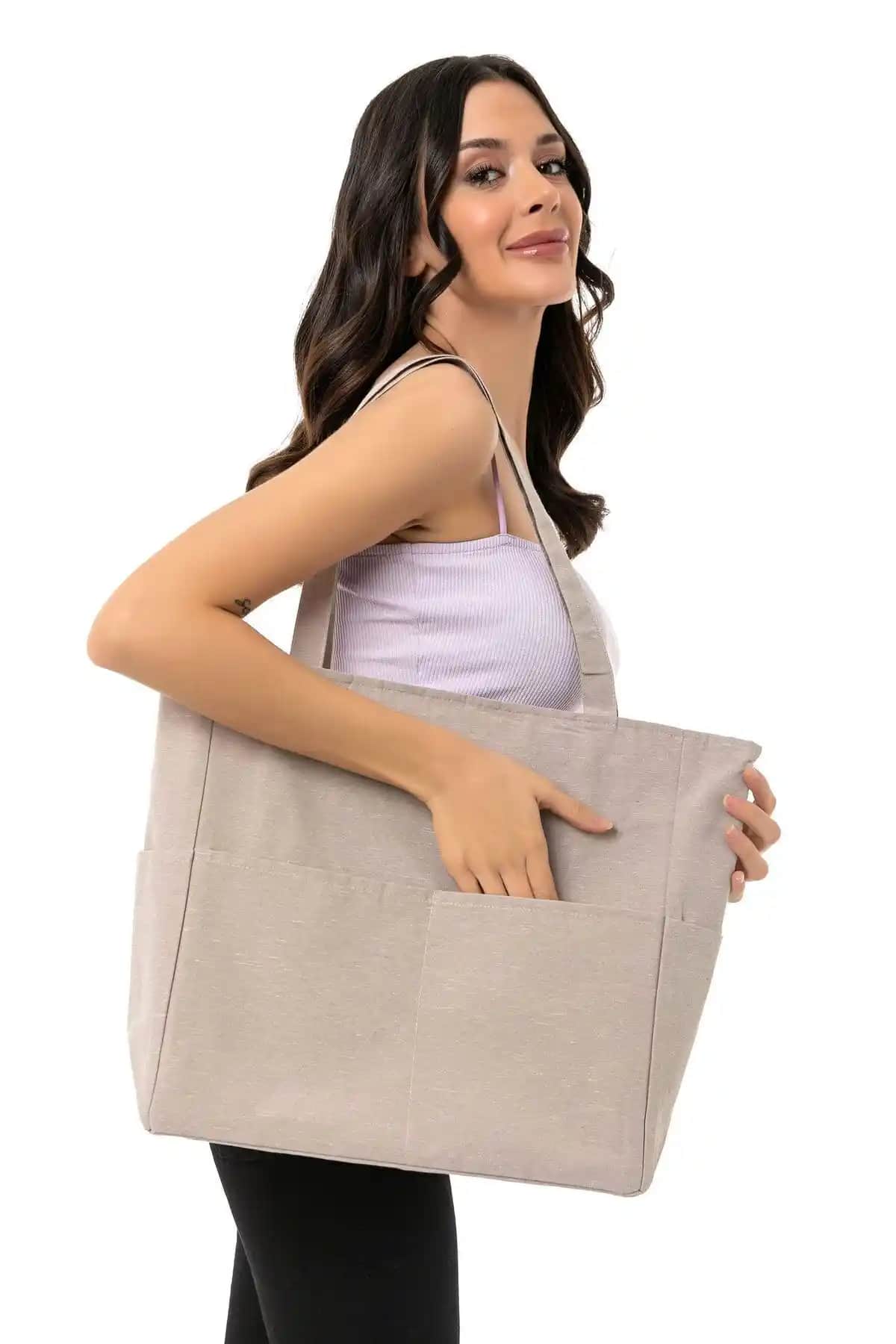 Doğa Dostu Çok Cepli Keten Kanvas Tote Çanta Sürdürülebilir ve Şık Tasarım