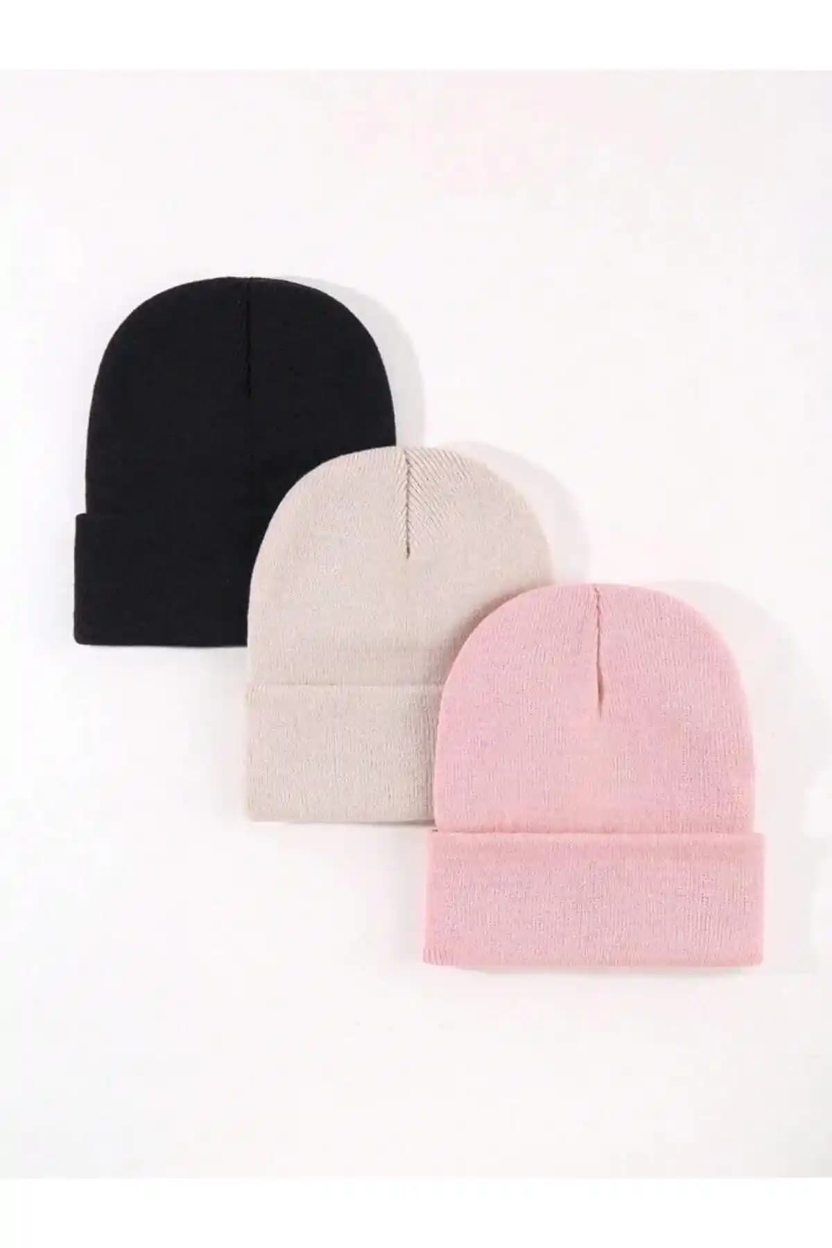 Eke Tekstil Unisex Katlamalı Siyah, Taş ve Pembe 3'lü Bere Seti İdeal Kış Aksesuarları