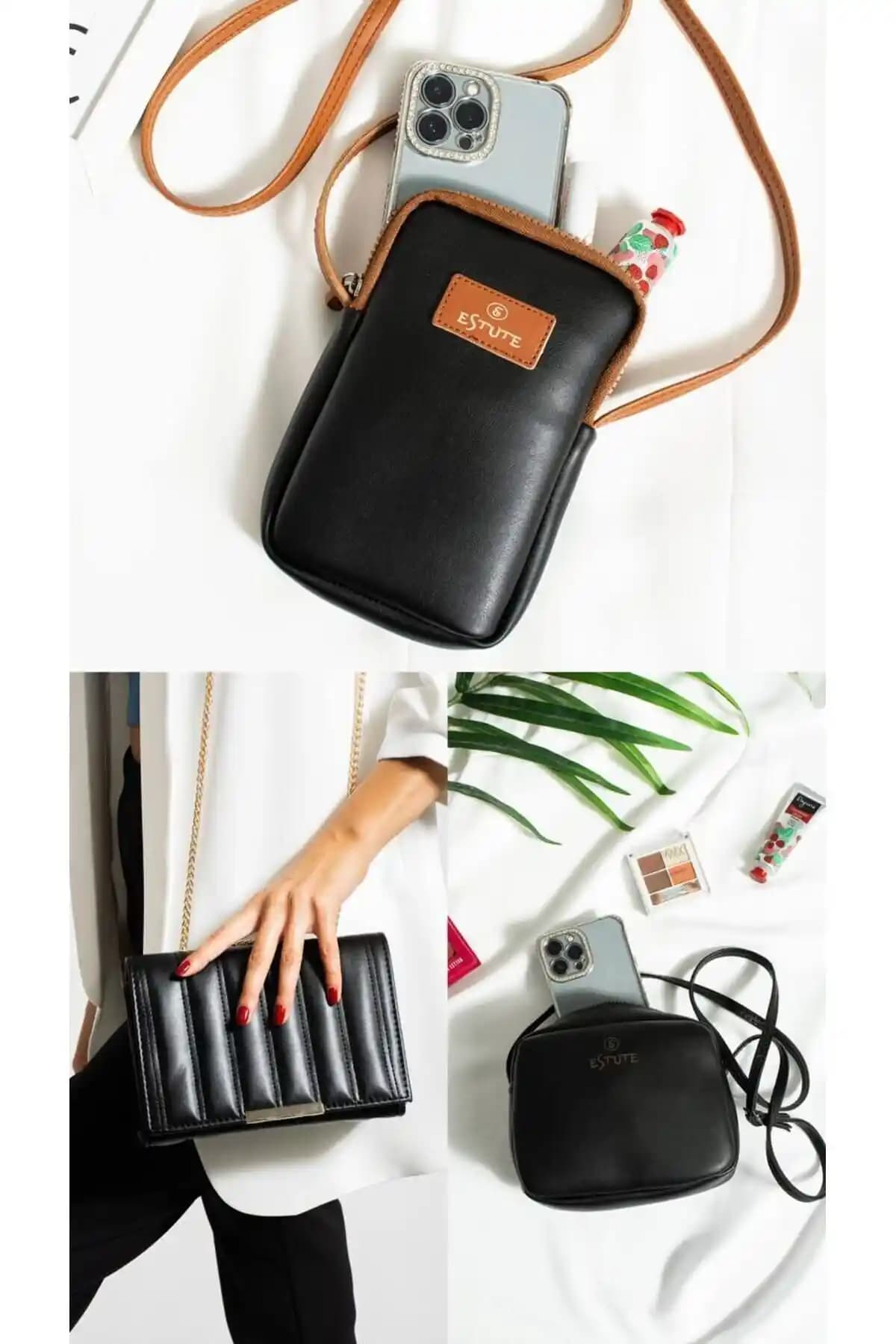 ESTUTE 3'lü Kadın Urban Çanta Seti Siyah Suni Deri Çoklu Kullanım İmkanıyla