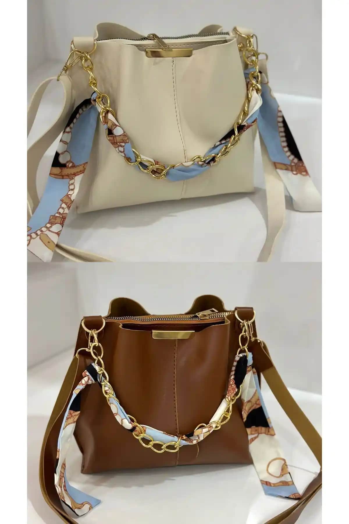 ESTUTE Kadın 2'li Paket Fularlı Zincir Aksesuarı Yuvarlak Deri Çanta Günlük Şıklık