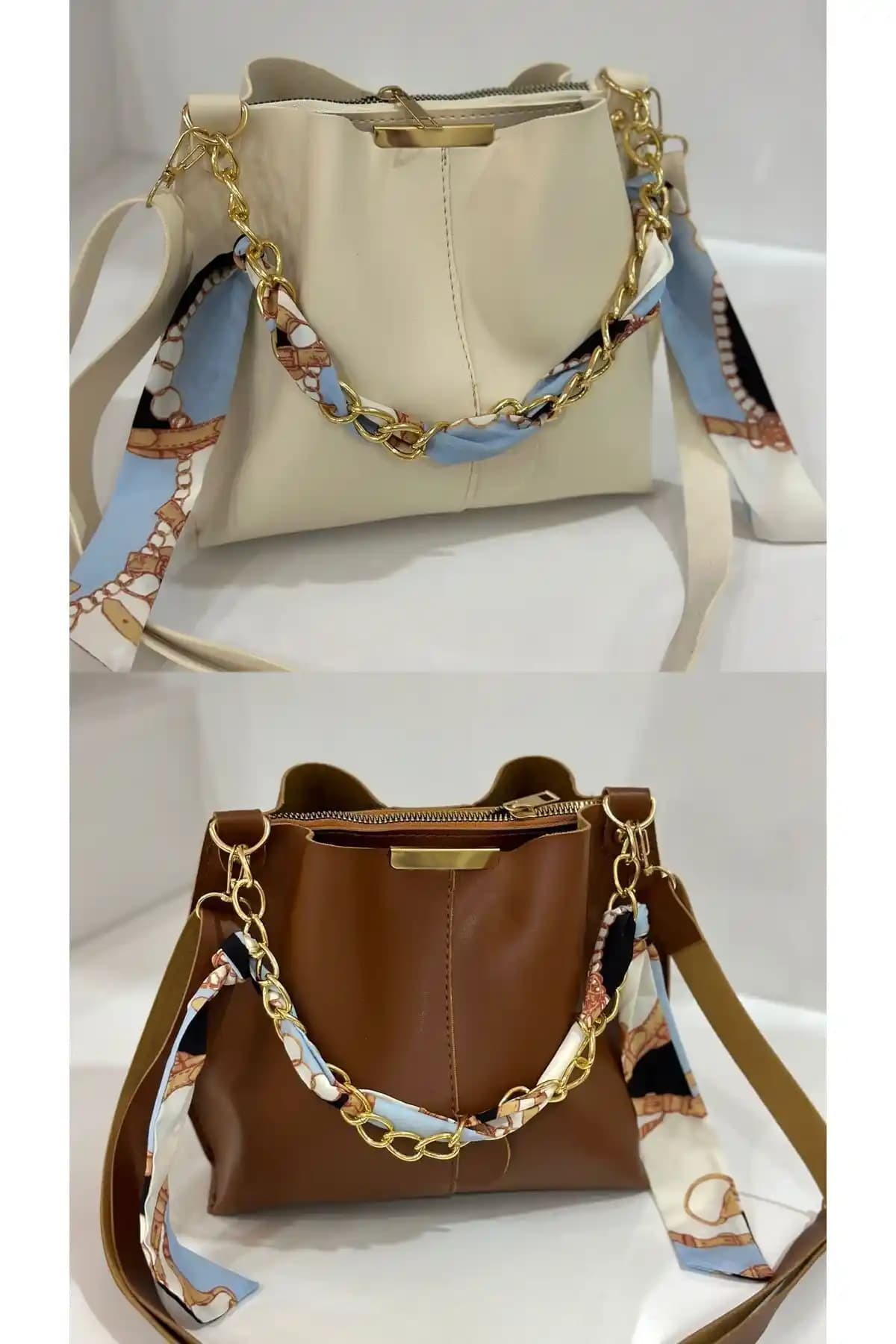 ESTUTE Kadın 2'li Paket Fularlı Zincir Aksesuarı Yuvarlak Deri Çanta Günlük Şıklık