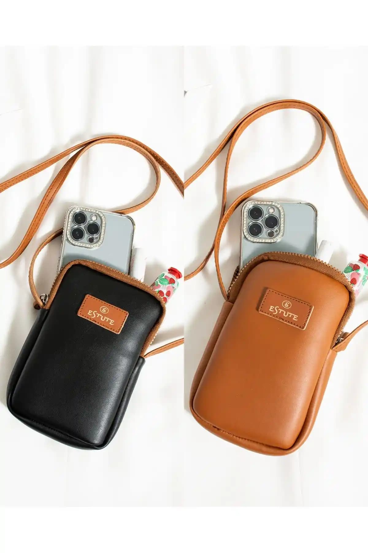 ESTUTE Unisex Vegan Suni Deri Telefon Çantası Günlük Kullanım İçin Uygun