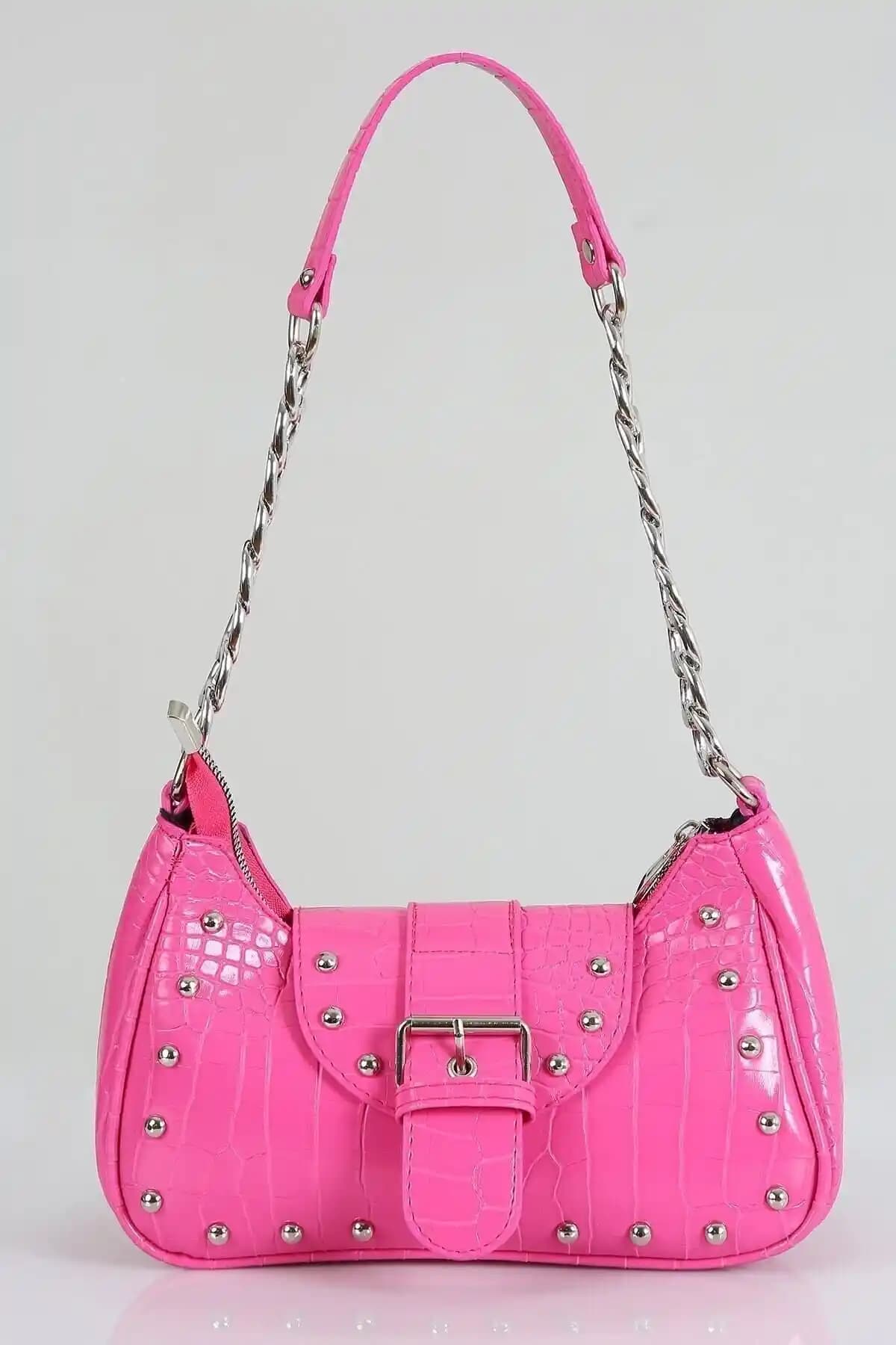 Fasoldy Bony Zımbalı Timsah Desenli Pembe Kol Çantası: Modern ve Şık Tasarım