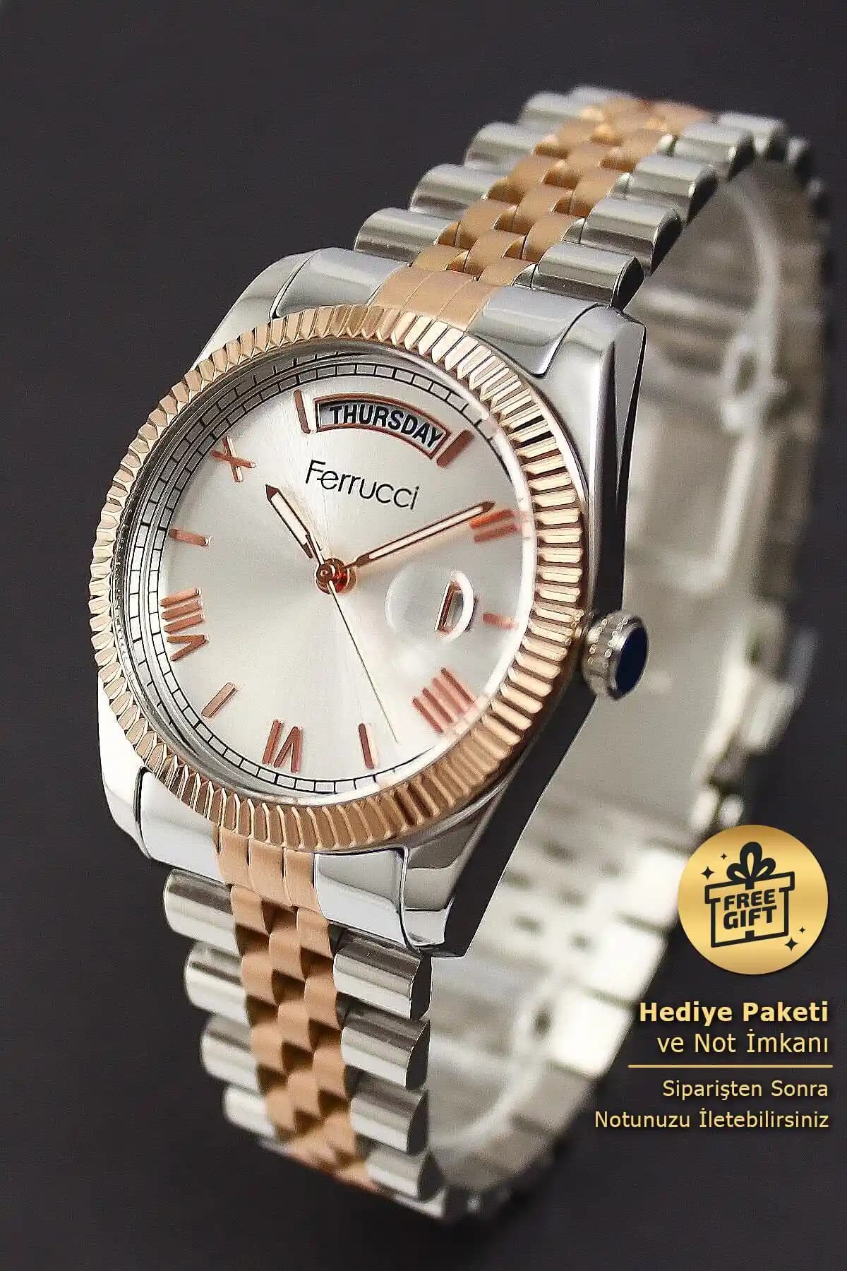 Ferrucci Rose Beyaz Renk Çift Takvimli Kan Kol Saati Günlük ve Özel Kullanımlar İçin Uygun