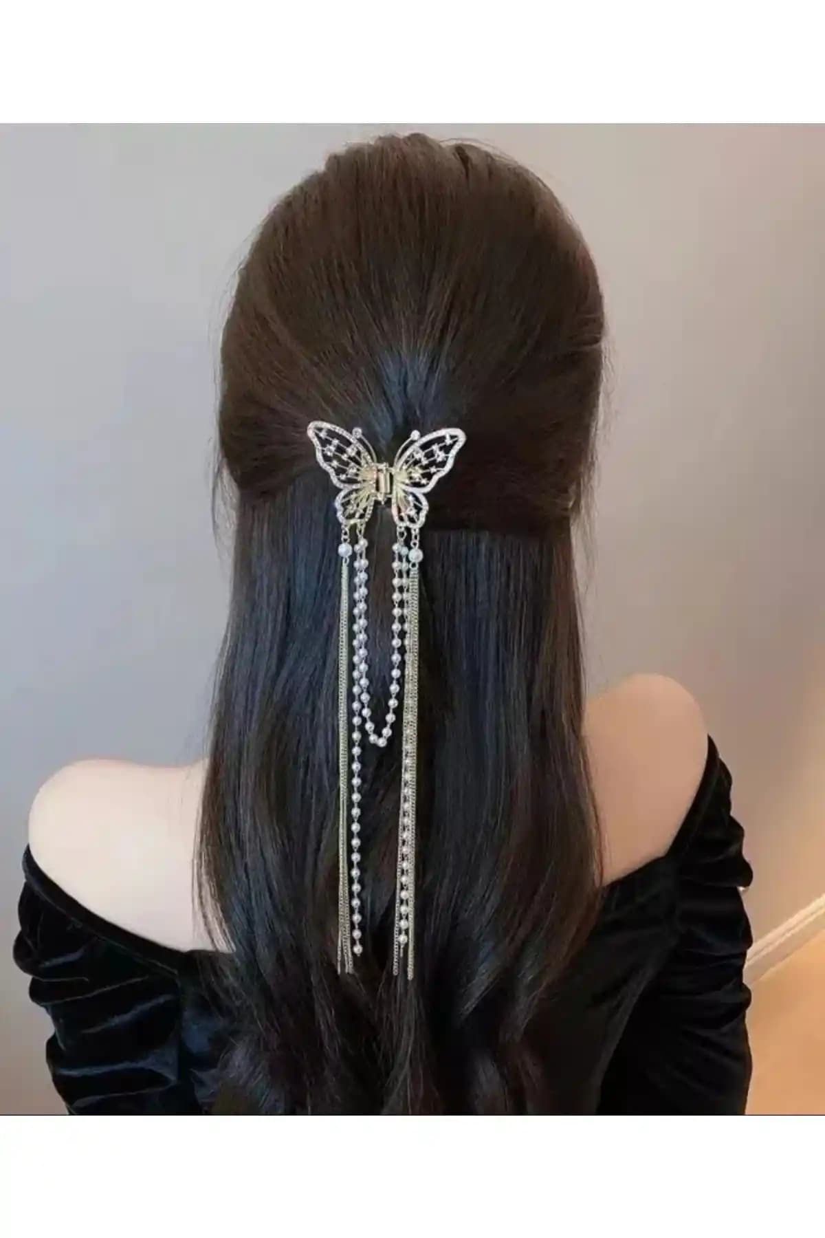 GÜLPEŞE Sallantılı Incili Çelik Yaylı Altın Kelebek Mandal Toka