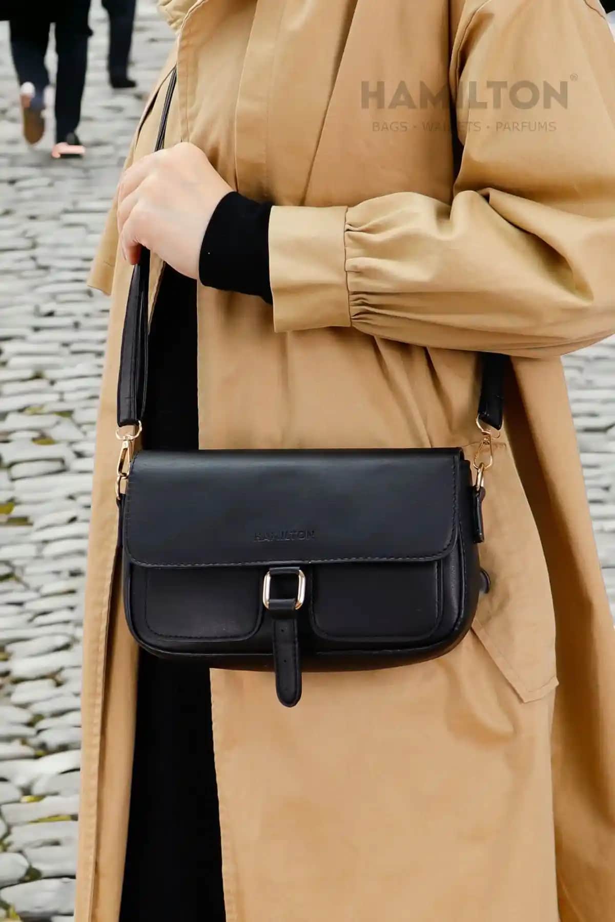 HAMILTON Kadın Siyah Çapraz Askılı Deri Çanta Günlük ve Şık Kullanım İçin Uygun