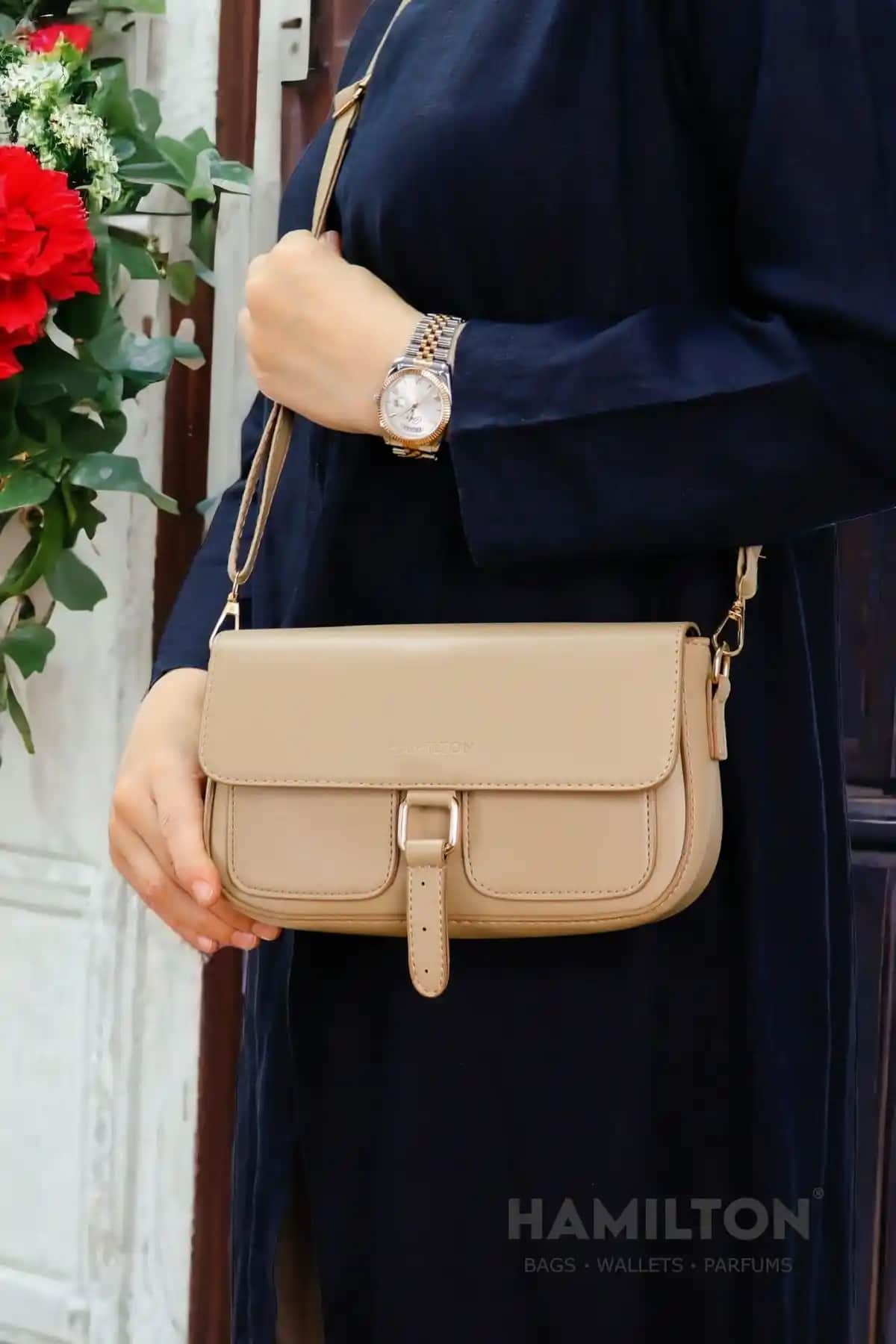 HAMILTON Kadın Vizon Çapraz Askılı Deri Görünümlü Günlük Çanta 24x14 cm