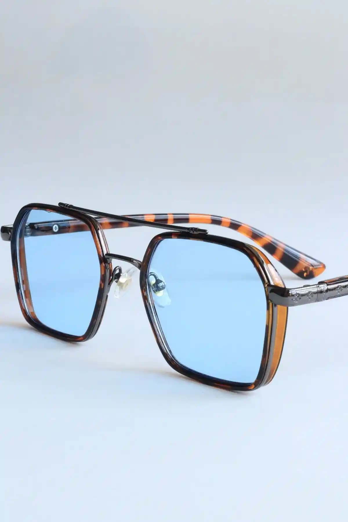 Henry Metal Mat Kare Dikdörtgen Mavi Cam Leopar Çerçeve Güneş Gözlüğü
