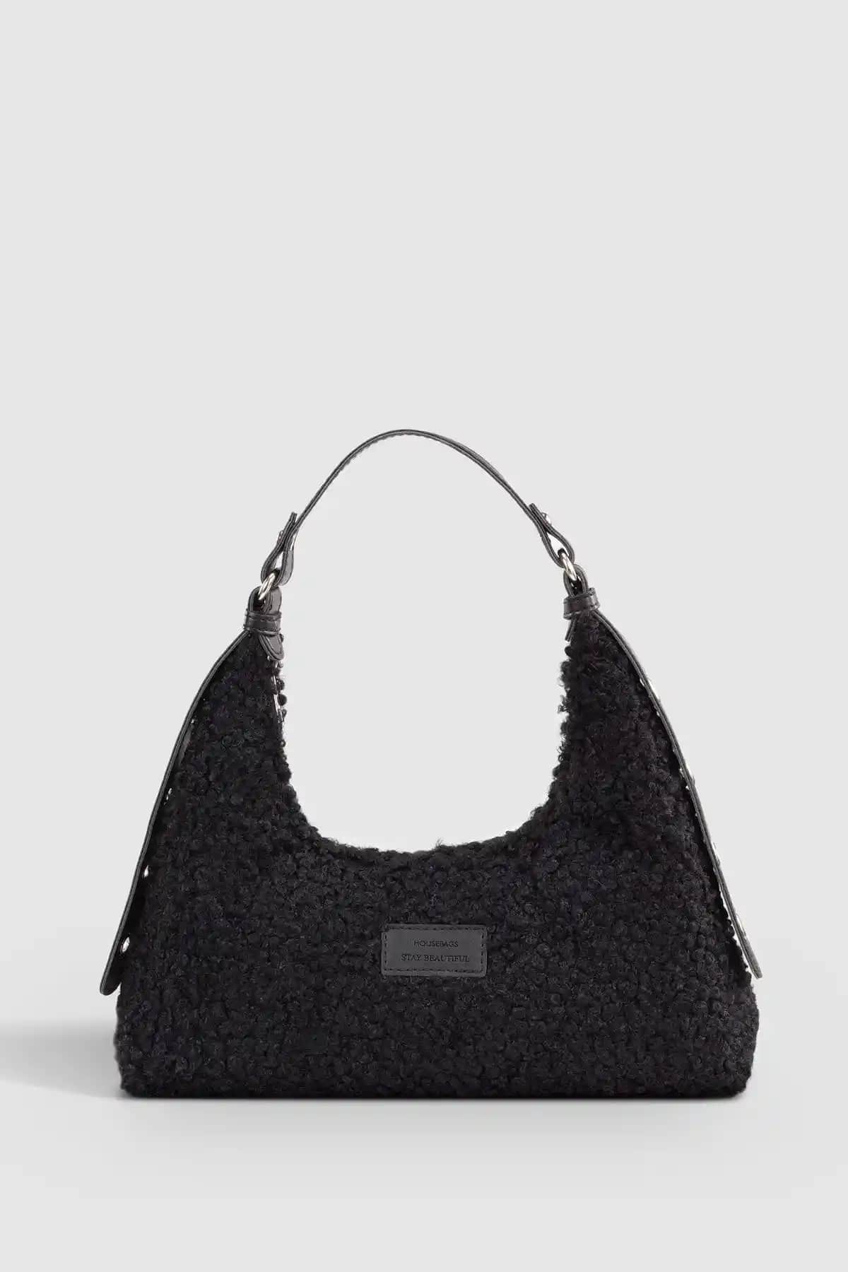 Housebags Siyah Suni Kürk Dokuma Baguette Çanta Kadınlar İçin Günlük Şık ve Dayanıklı