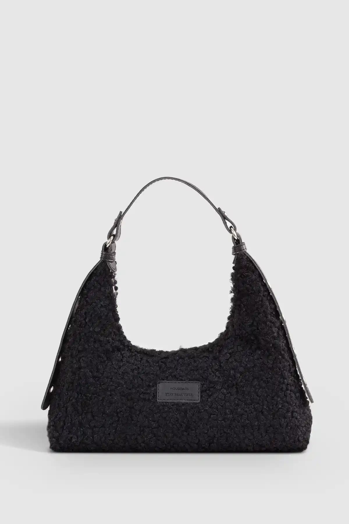 Housebags Siyah Suni Kürk Dokuma Baguette Çanta Kadınlar İçin Günlük Şık ve Dayanıklı