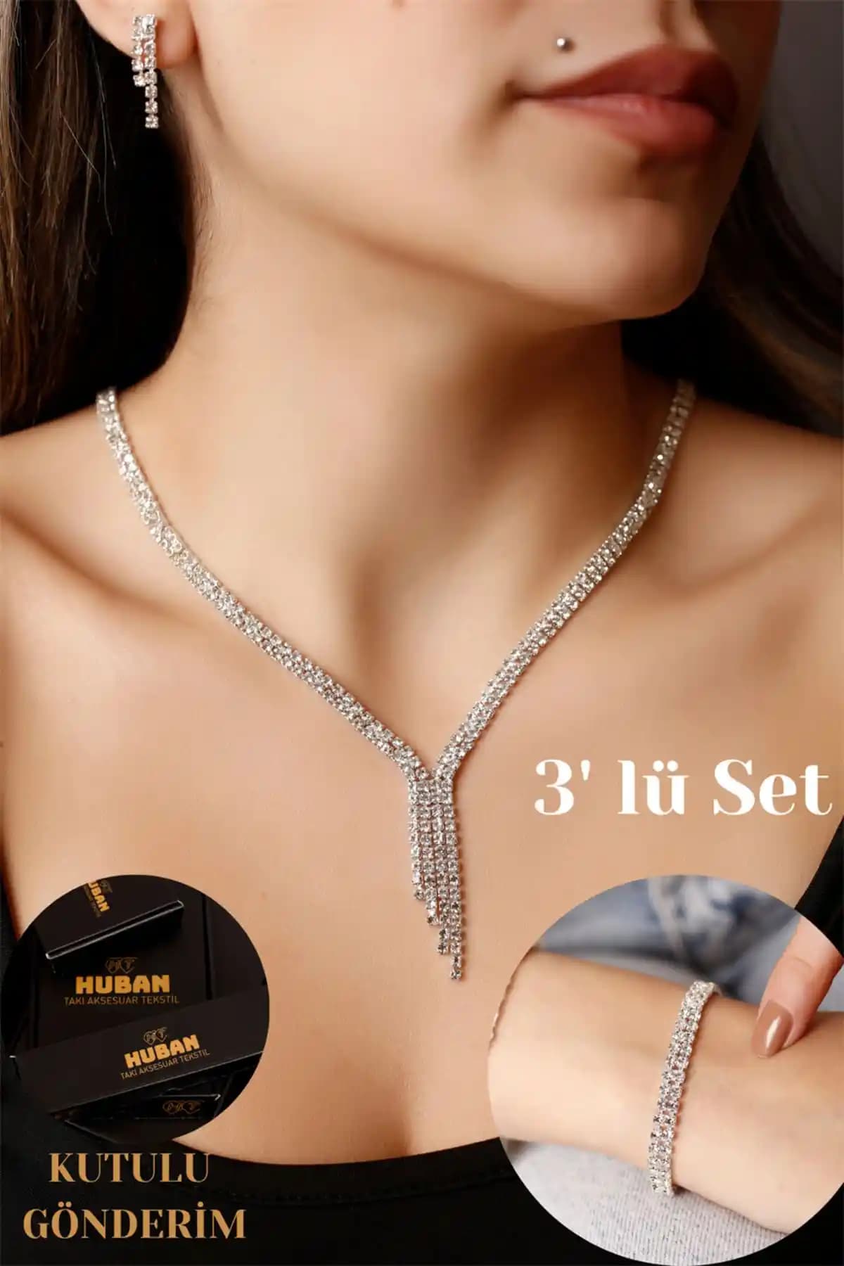 HUBANN Gümüş Kaplama Su Yolu Stonefans Takı Seti: Zarif ve Modern Tasarım