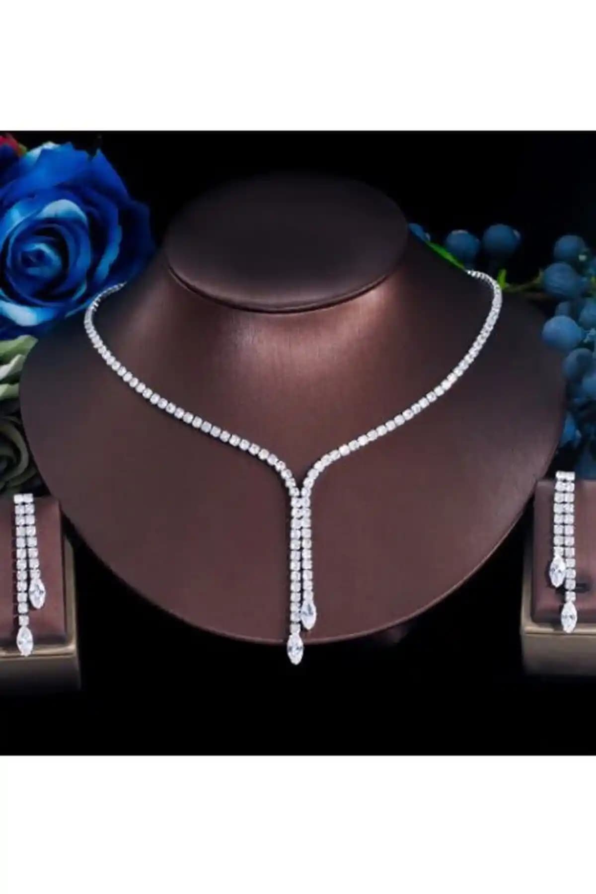 HUBANN Gümüş Kaplama Zirkon Taşlı Rhinestone Su Yolu Takı Seti Şık ve Zarif Tasarım