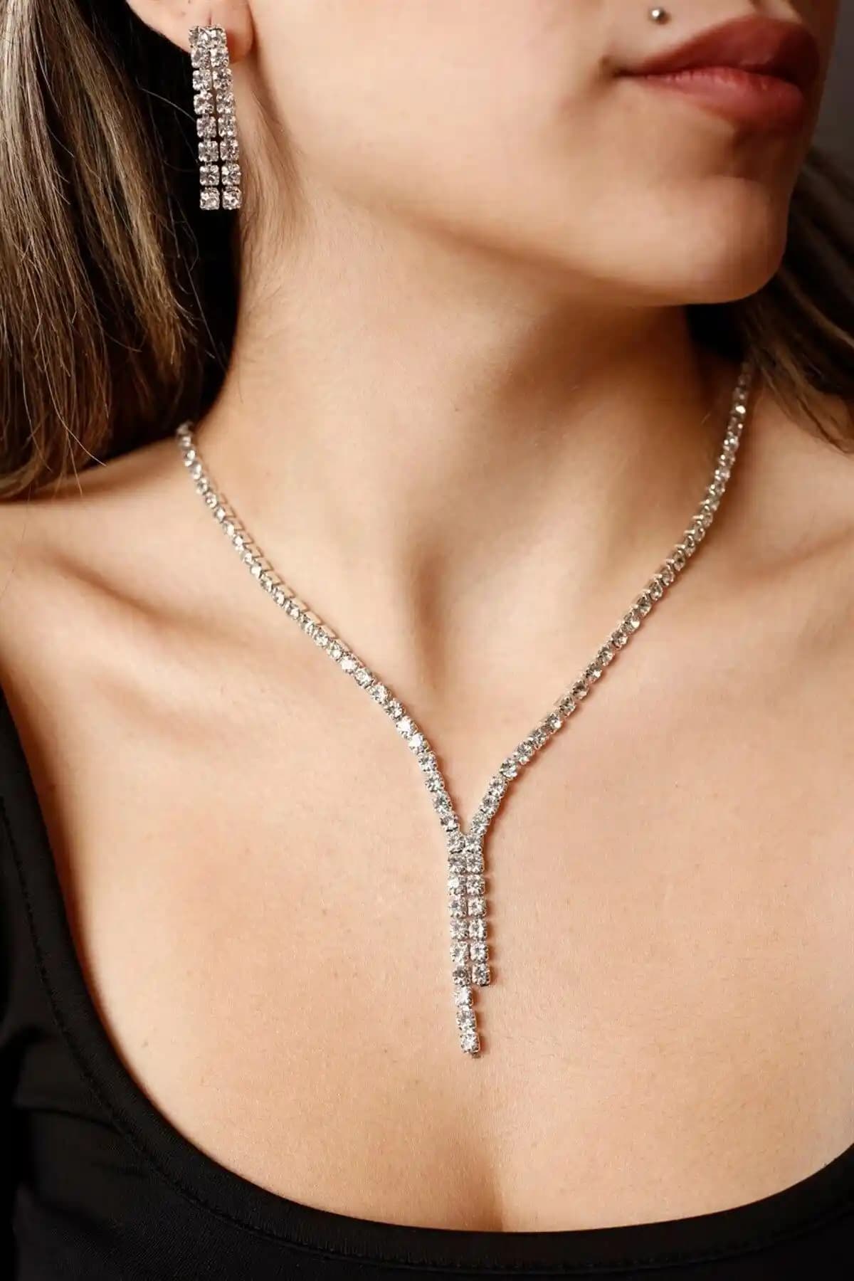 HUBANN Su Yolu Kolye ve Küpe Seti Gümüş Kaplama Zarif Takı Tasarımı