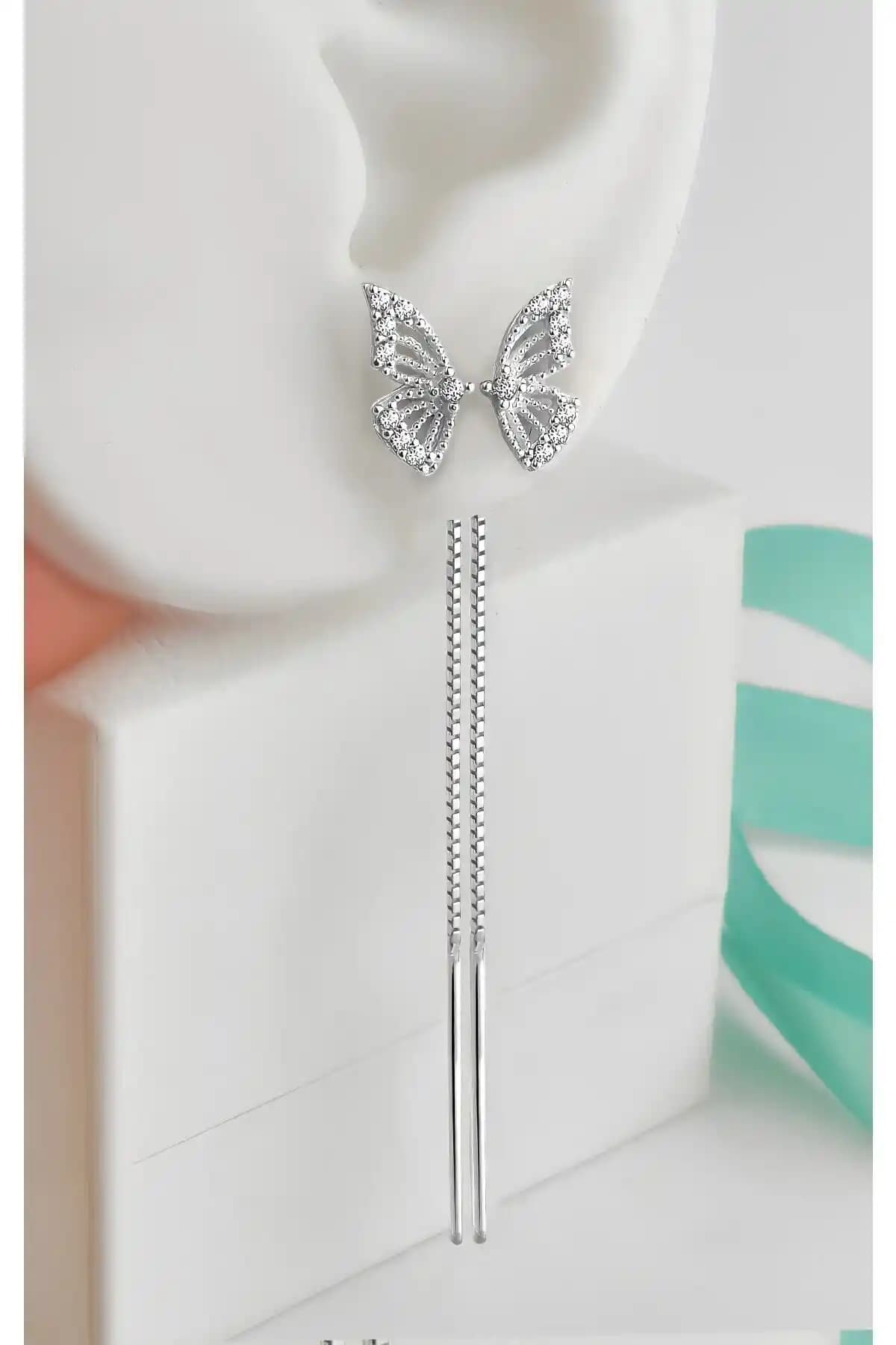 Jelux Silver Gümüş 925 Ayar Rodyum Kaplama Kelebek Model Zincirli Küpe