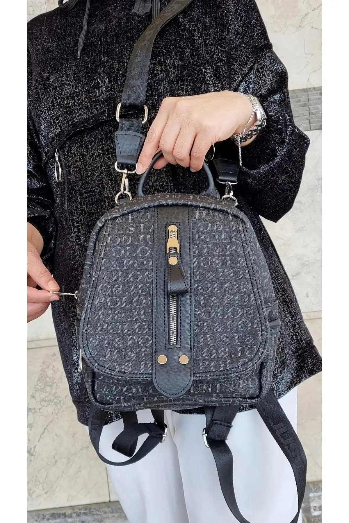 Just Polo Kadın Monogram Baskılı Sırt ve Omuz Çantası Şık ve Dayanıklı Günlük Kullanım Çantası