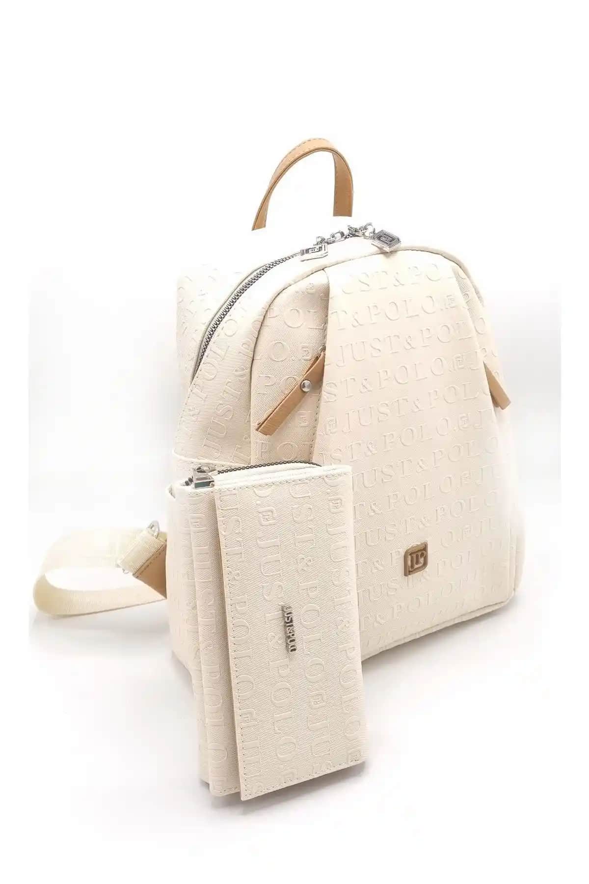 Kadın Krem Gofraj Baskılı Sırt Çantası ve Cüzdan Kombini Modern ve Dayanıklı Tasarım