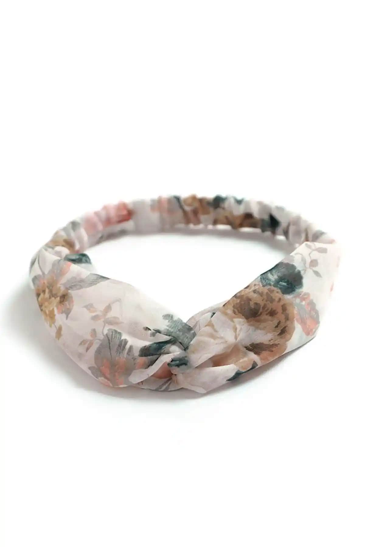 Kadınlar İçin Şık ve Rahat Düğümlü Beyaz Şifon Çiçek Desenli Saç Bandı