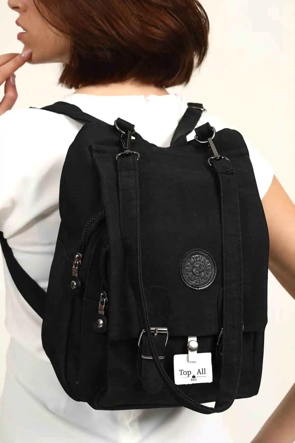 Kadınlar İçin Siyah Krinkıl Kumaş Okul Sırt ve Omuz Çantası Günlük Kullanım