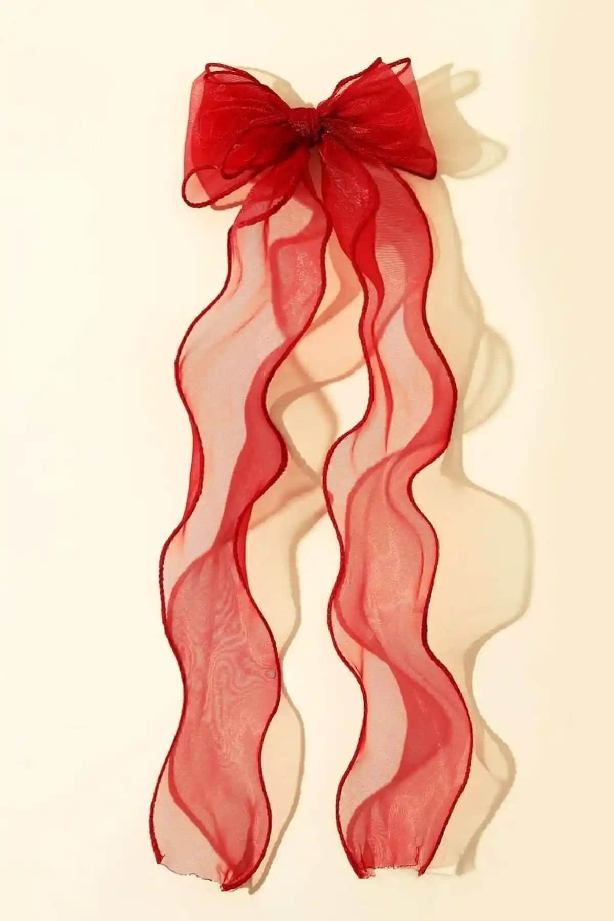 Kadınlar İçin Uzun Tül Fiyonk Toka Kırmızı Zarif ve Şık Saç Aksesuarı