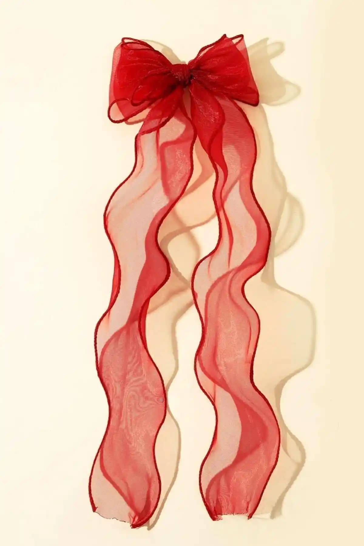 Kadınlar İçin Uzun Tül Fiyonk Toka Kırmızı Zarif ve Şık Saç Aksesuarı