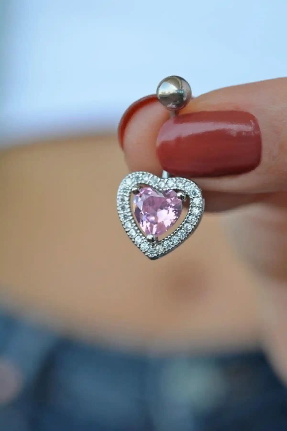 Kalp Model Pembe Taşlı Çelik Göbek Piercing - Estetik ve Dayanıklı Aksesuar