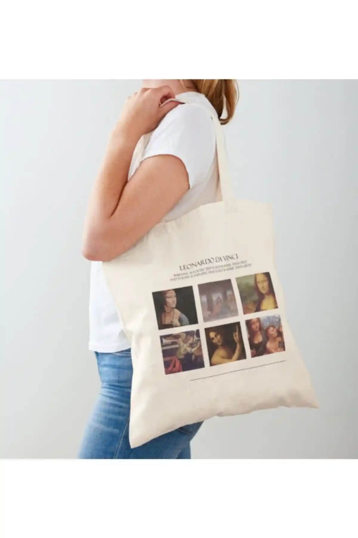 Leonardo Da Vinci Temalı Ham Bez Çanta Modern Tasarım ve Çevre Bilincini Yansıtan Ürün
