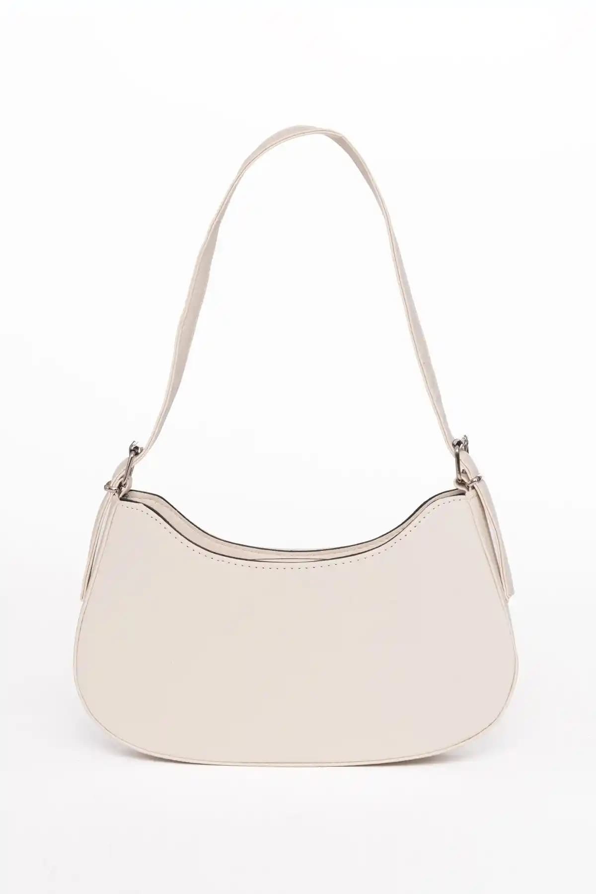 Macharel Basic Kadın Astarlı İç Gözlü Krem Oval Baget Çanta Günlük Kullanım İçin Modern Tasarım