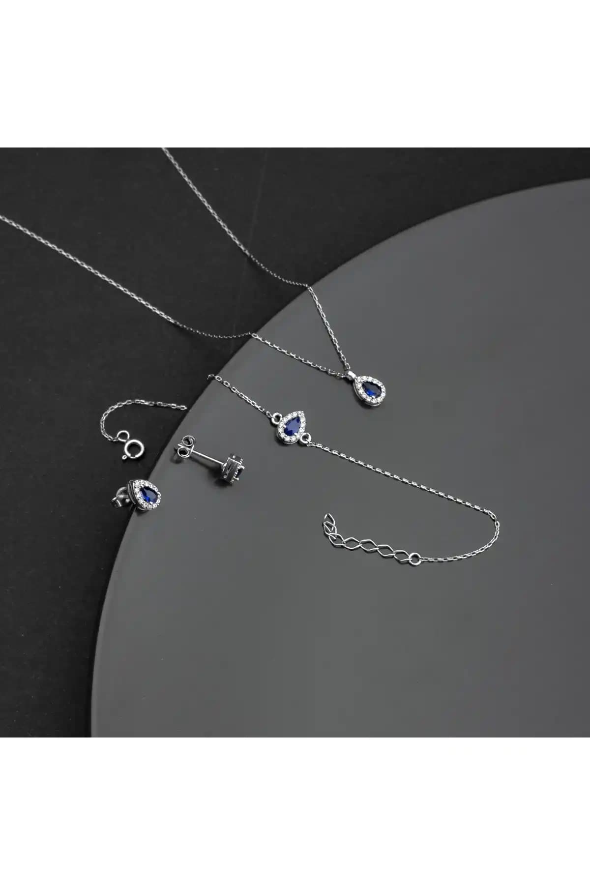 Miavi Silver 925 Ayar Gümüş Safir Damla Model Takı Seti Zarif ve Dayanıklı Tasarım