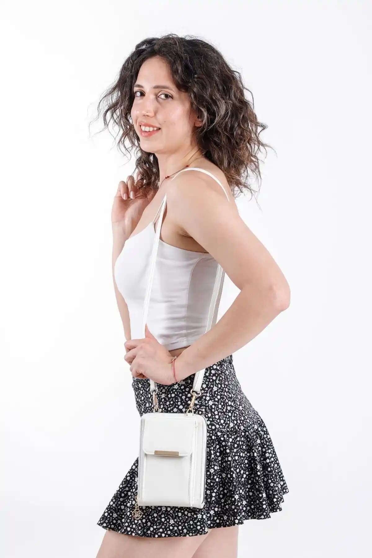 Modvina Beyaz Deri Askılı Kadın Telefon Bölmeli Çanta Günlük ve Şık Kullanım İçin