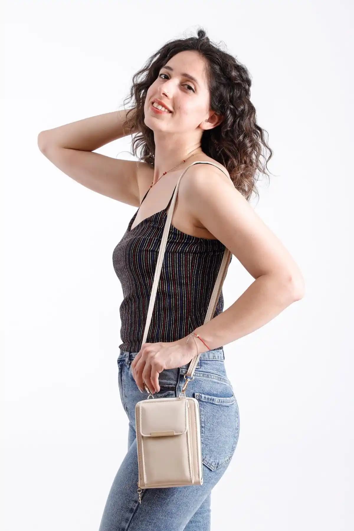 Modvina Krem Deri Askılı Telefon Bölmeli Kadın Çanta Günlük Kullanım İçin Pratik ve Şık Tasarım