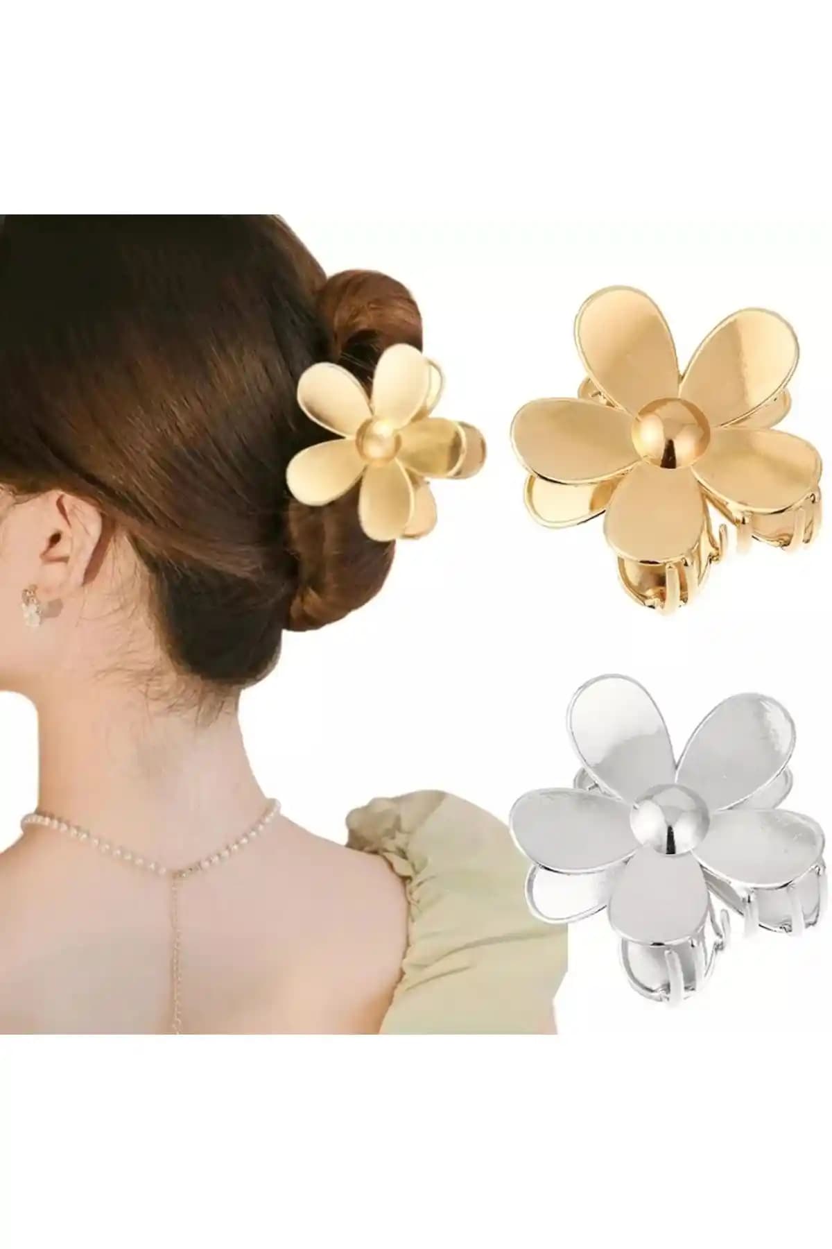Monalisa Kadın 2'li Gold Gümsü Papatya Toka Seti Modern ve Şık Saç Aksesuarları